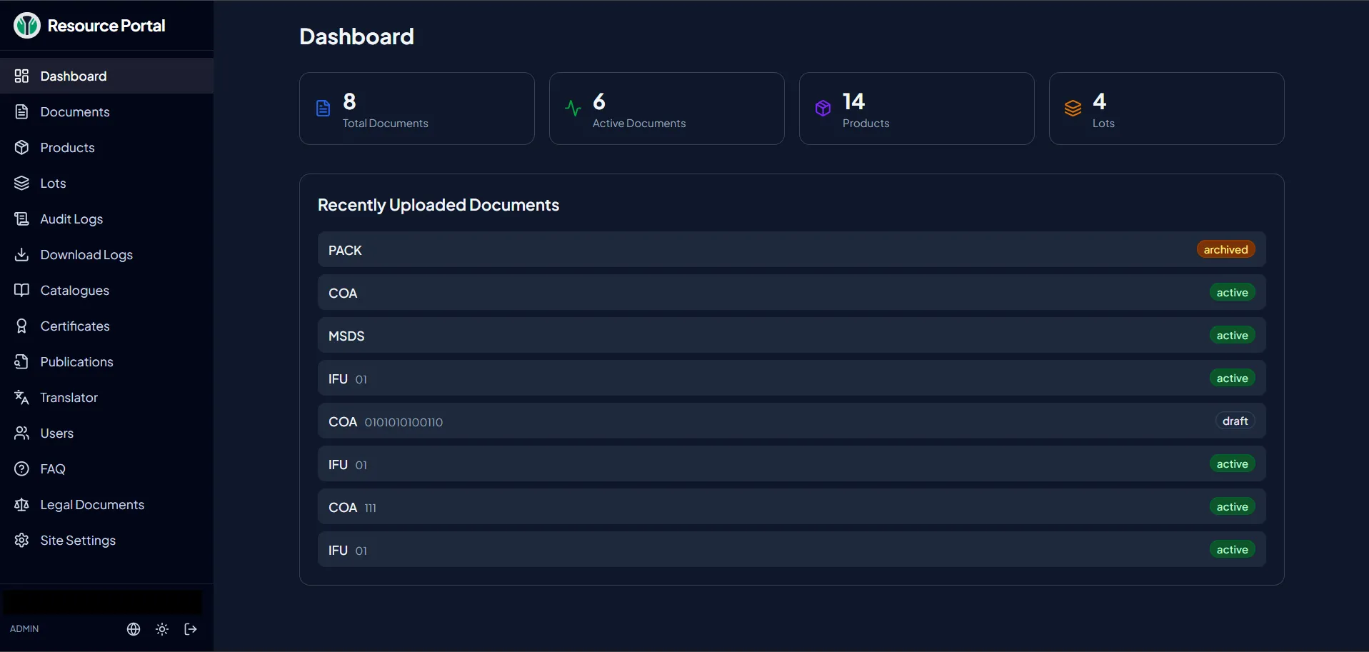 The operator panel dashboard with document, product, and lot counts and a list of recently uploaded documents