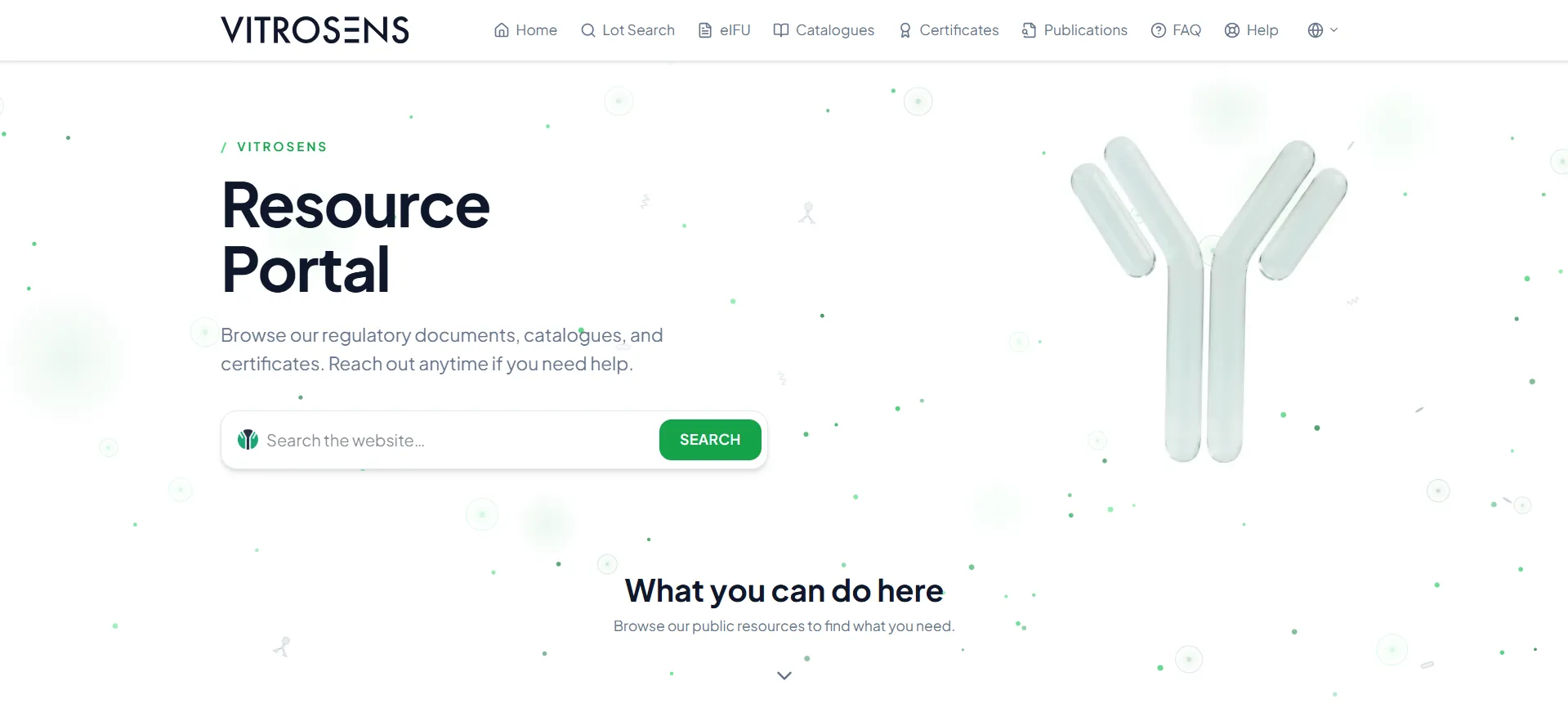 The public resource portal home page with a search box and an antibody illustration