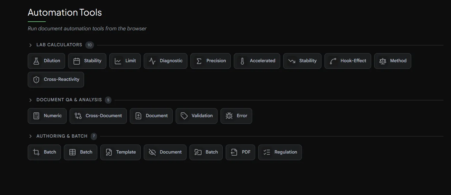 The automation tools page, grouped into lab calculators, document QA and analysis, and authoring and batch tools