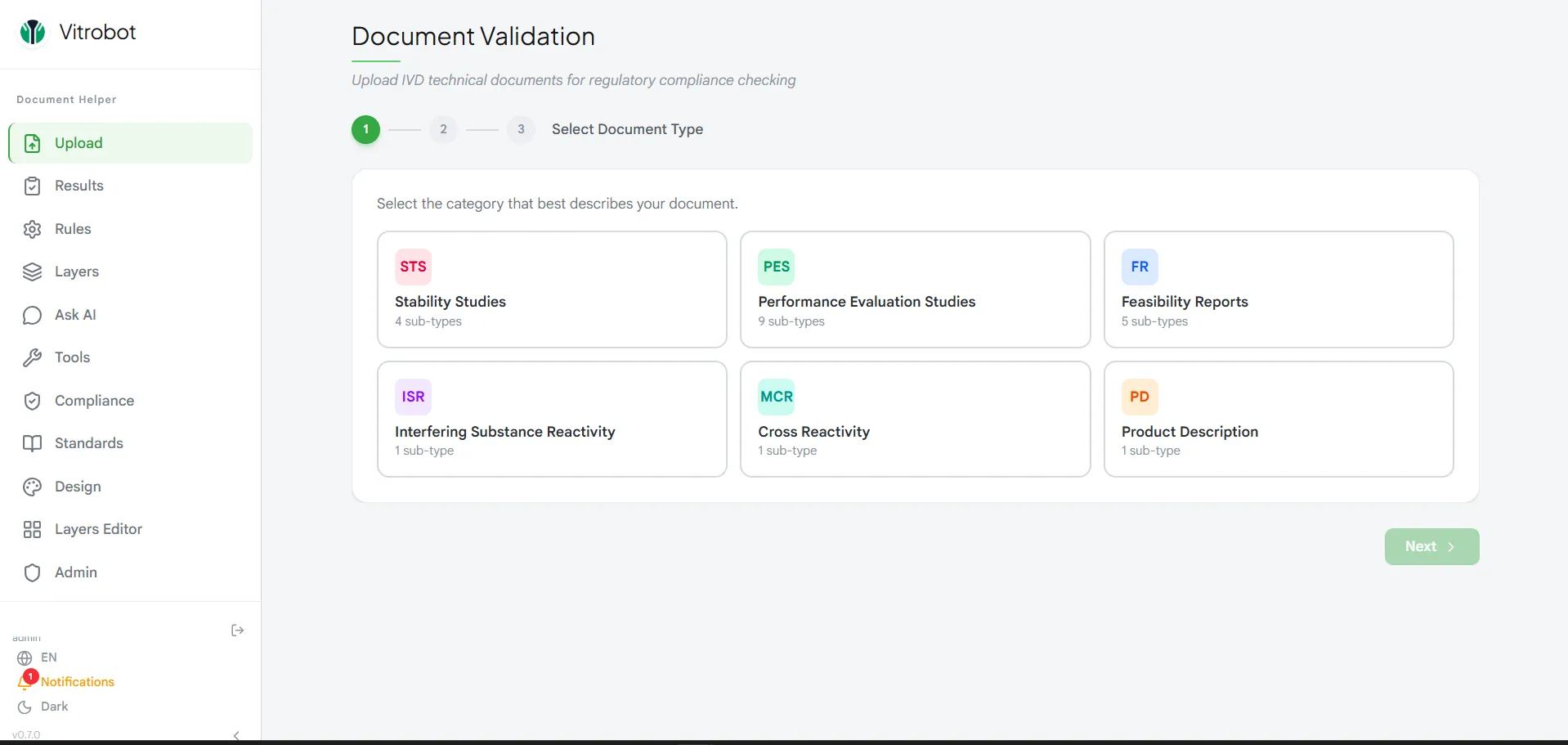 The document validation screen, choosing a document category such as stability studies or performance evaluation before checking