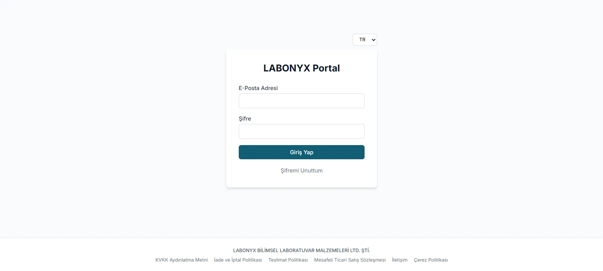 The LABONYX Portal sign-in page with email and password fields and a language switcher