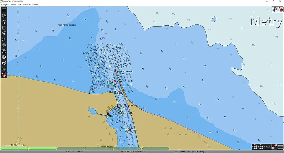 The OpenCPN open-source marine chart plotter showing a harbour chart